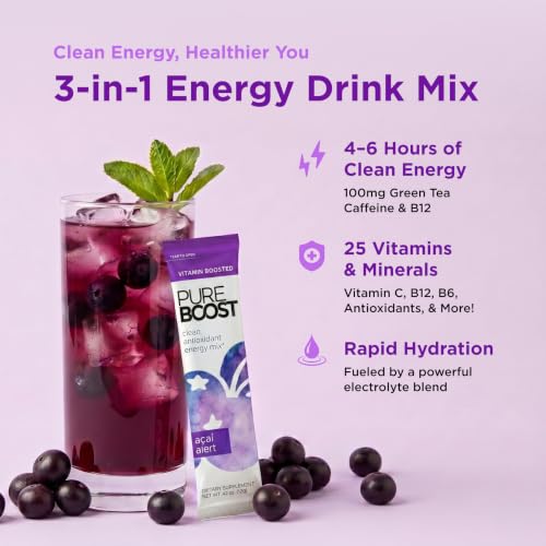 Image of Pureboost Sugar-Free Clean Energy Booster, Acai Alert 10 Count, Refreshing Energy Drink Mix with B12 Vitamins, Electrolytes, Antioxidants, No Sucralose