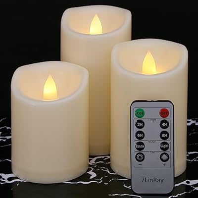 7LinRay Flameless Flickering Candles with Remote and Timers, 1000 Hours Waterproof Outdoor Indoor Battery Operated LED Pillar Candles, Ivory Plastic, Set of 3(D 3" x H 4" 5" 6")