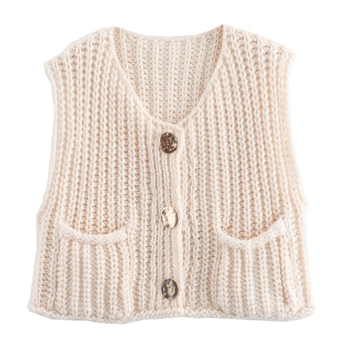 Image of Ainangua Sleeveless Cropped Cardigan for Women Casual Chunky Knit Tank Tops Button Down Open Front Sweater Vest with Pockets