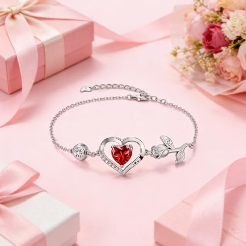 Image of 1CT Rose Heart Bracelet Moissanite Lab-Grown Sapphire Ruby Emerald&More 18K White Rose Gold Plated Anniversary Birthday Gift for Wife Girlfriend Mom Daughter Mothers Day Gift for Mom