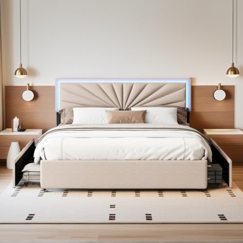 YYXLDYNB Lit Double Capitonné 160x200cm,Cadre de lit Double avec Éclairage LED,LIT 2 Personnes avec 4 Tiroirs de Rangement,Tête de Lit Éclairage LED,Sommier à...