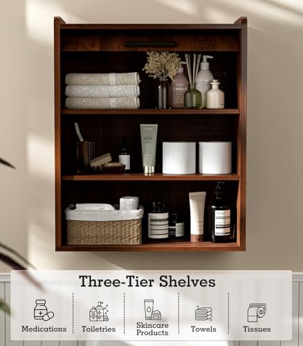 Image of ZttRiee Bathroom Wall Cabinet, Medicine Cabinet with Roll-Up Door & 3 Shelves, Over The Toilet Wall-Mounted Storage Cabinet, Walnut