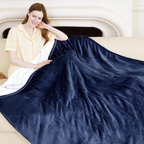 Heated Throw 50" x 60" - Soft Flannel Sherpa Electric Blanket with 5 Heating Levels & 4 Hours Auto Off, Heating Blanket Throw as a Gift for Grandma, Machine Washable (Navy)