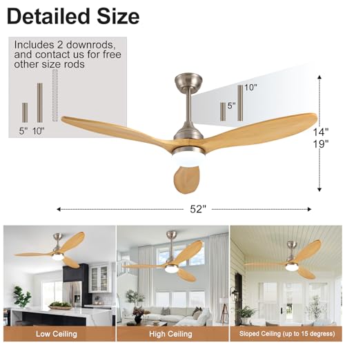 Image of 52 Inch Solid Wood Outdoor Ceiling Fans with Lights and Remote,3 Natural Wood Blades,Dimmable,6 Speed Quiet DC Motor, Indoor Outdoor Ceiling Fan for Patios Bedroom Living Room
