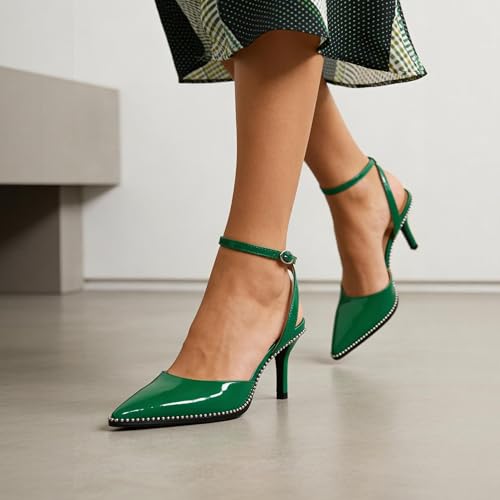 Image of SAMMITOP Kitten Heels for Women Low Heel Closed Toe Ankle Strap Pumps Wedding Party Beaded Dress Shoes 2.4 Inch