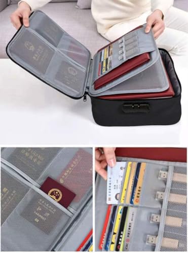 Image of Multipurpose Document Organizer Bag with Lock | A4 File Storage Bag with Multiple Pockets for Passport, USB, Cards | Waterproof & Fireproof Travel Folder | Black
