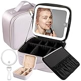 Wangselect Makeup Travel Bag with Rechargeable Makeup Vanity Mirror 3 Color Lighting Dimmable Touch