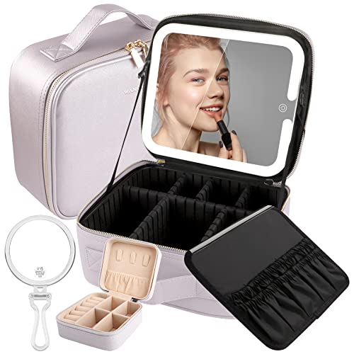 Wangselect Makeup Travel Bag With Rechargeable Makeup Vanity Mirror 3 Color Lighting Dimmable Touch Screen, Tabletop Cosmetic Train Case With Cosmetic Lighted Mirror For Women Violet Grey #TOP2