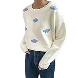 Women Kawaii Ulzzang Thick Vintage College Loose Sweater Female Winter Cute Clouds Embroidery Knitted Pullover for Girl (White)