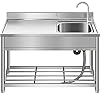 Free Standing Stainless Steel Single Bowl Commercial Restaurant Kitchen Sink Set wFaucet Drainboard Prep Utility Washing Hand Basin wWorkbench Storage Shelves Indoor Outdoor 47in