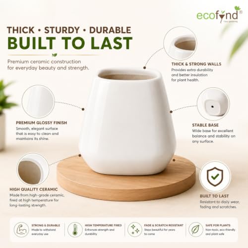 Image of ecofynd 3.5 Inch Ceramic Plant Pots with Drainage Hole, Modern Decorative Clay Flower Pots for Indoor Plants, Office, Living Room, Decorative Tabletop Planters for Home, Bedroom & Shelf (CPOT048-WHT)