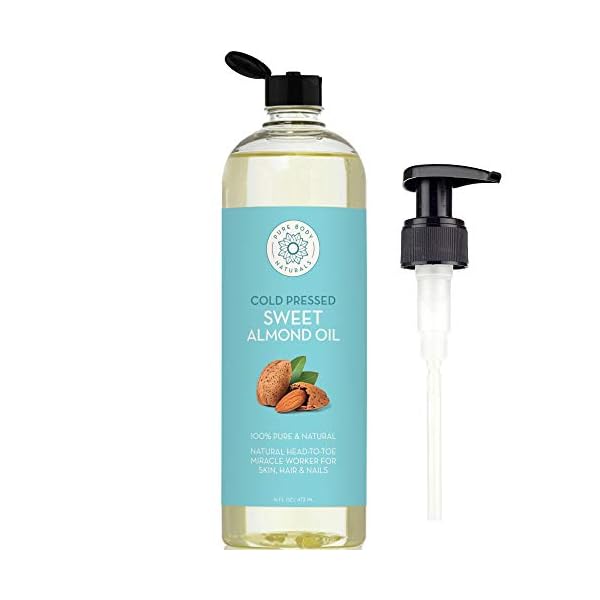 Pure Body Naturals Sweet Almond Oil for Hair and Skin, 100% Pure and Cold Pressed, Hexane Free, Skin Moisturizer, Nails, Therapeutic Massage, Carrier Oil 16 Fl. Ounce (Label Varies)