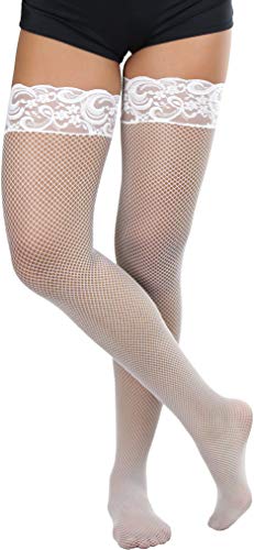 Image of ToBeInStyle Women's Wide Floral Lace Fishnet Thigh Hi Stockings
