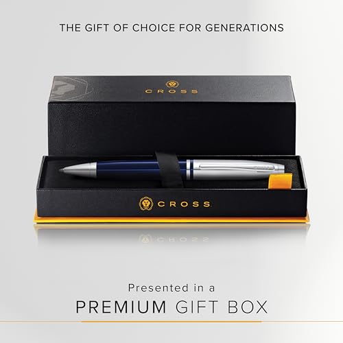 Image of Cross Calais Chrome & Blue Refillable Ballpoint Pen - Medium Point, Black Ink, Smooth Writing, Presented in a Premium Gift Box