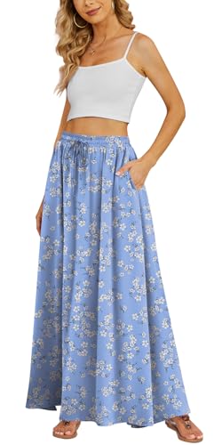 Yincro Women's Flowy Maxi Skirt Summer Pleated High Waisted Casual Long Skirts with Pockets (Blue White Flower, M)