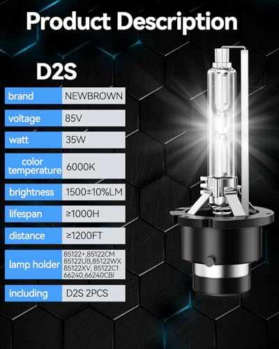 Image of NEWBROWN D2S Hid bulbs Headlight 6000K White 200% brightness, Super White Xenon Replacement 85122C1 66240 66040 66240CBI Headlight Bulb (35W D2S, 2 Pack)