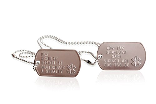 2 Stück personalisierte Erkennungsmarken | Dog Tag Kette mit Prägung | inklusive 2 Ketten & 2 Silencer im Set | diverse Texte und Motive möglich | Rambo | Militär Ausrüstung (Med-Logo)