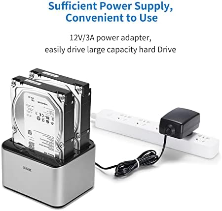 SSK Aluminum Hard Drive Docking Station, USB 3.0 to SATA Dual Bay External HDD Dock Caddy Reader for 2.5 & 3.5 inch SATA HDD SSD, with UASP Offline Cloner/Duplicator Function(2x16TB Supports)