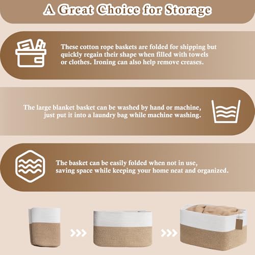 Image of Goodpick 75L Extra Large Woven Rope Blanket Basket, Rectangle, Jute | 22 inch x 17 inch x 12 inch Decorative Storage Basket for Pillows, Toys & Daily Essentials, Fits Living Room, Bedroom & Home Decor