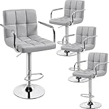 Yaheetech Bart Stools Set of 4, PU Leather Adjustable Barstools with Armrest, Counter Height Stool Chairs with Thickened Seat Cushion for Kitchen Island, Light Grey