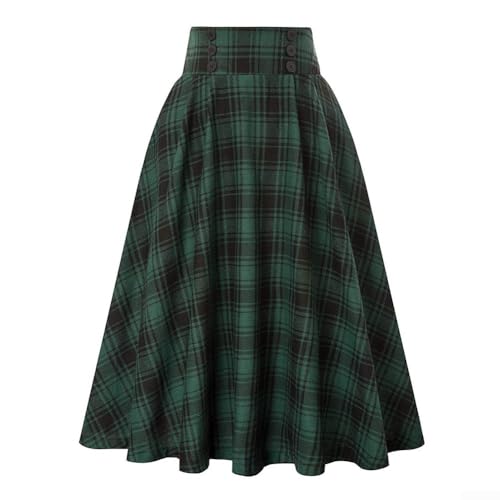 Retro Damen Lose Kleid Hohe Taille Karo Plaid Langer Rock Aline Stil (XXL Grün)