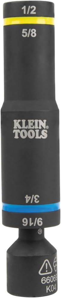Klein Tools 66009 Impact-Rated 4-in-1 Flip Quad Socket, 3/8-Inch Drive, 12-Point Color-Coded Deep Sockets with 4 Hex Sizes and Adapter