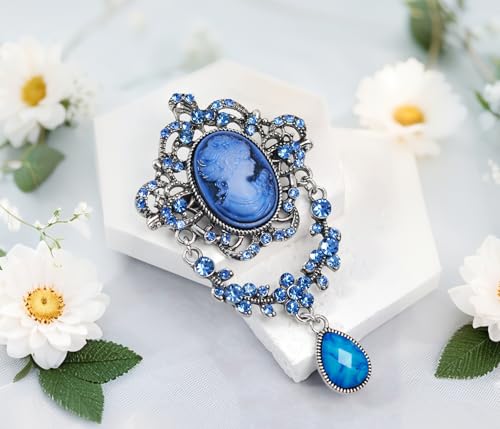 Image of Gyn&Joy Antique Blue Rhinestones Cameo Brooch Pin