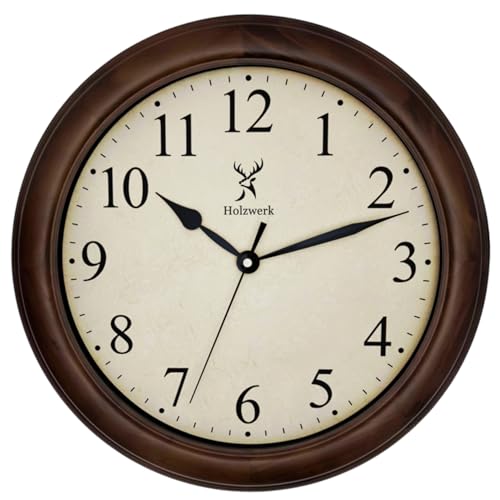 Holzwerk Natur Vintage Retro Holz Wanduhr Holz-Uhr laufleises Uhrwerk ohne Tickgeräusche Braun nahezu lautlos aus handgefertigtem Massivholz Natur 14 Zoll 35cm (HWN.Braun)