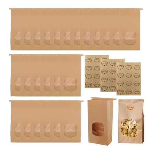 25 bolsas de papel de estraza marrón con ventana, incluye 36 pegatinas hechas a mano, 17 x 9 x 6 cm, clips de cierre de papel, bolsas para hornear, pequeñas bolsas de pan para pasteles y dulces