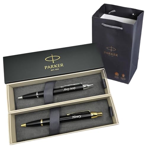 Personalised Engraved Premium Parker Stainless Steel Gold or Silver Trim Ballpoint Pen with Black Ink Classy Gift Box and gift bag Custom Gift for Christmas for Men and Women Enter Your Custom Text