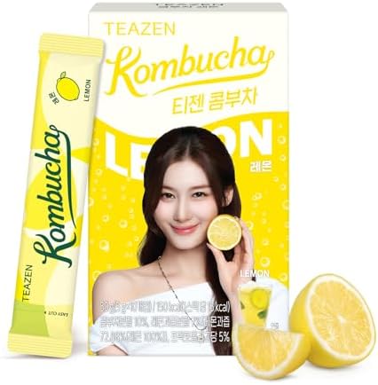 TEAZEN Lemon Kombucha Tea, Hydration Drink Mix, Sugar Free, Live Probiotics & Prebiotics, 10 Sticks, 1.76oz