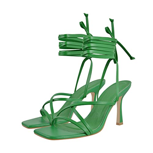 Lishan Women's Ankle Strappy Gladiator High Heels Open Square Toe Backless Stiletto Heel Criss-Cross Lace Up Prom Party Dress Heeled Sandals Green Size 7 #TOP2