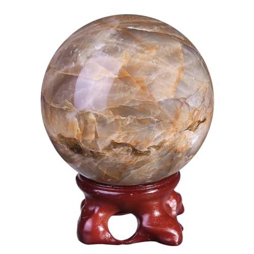 TUMBEELLUWA Orange Moonstone Crystal Ball with Stand for Fortune Teller Witchcraft Divination, Decorative Gemstone Sphere for Home Decor, 61-70 mm