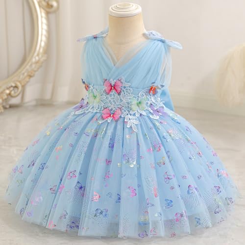 AWIBMK Kids Baby Girls Butterfly Tulle Tutu Dress Sleeveless Pleated V-Neck Bowknot Birthday Wedding Party Dresses3