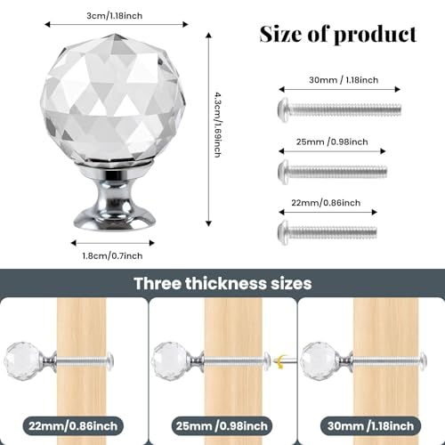 OctinPris 6pcs Clear Crystal Glass Door Knobs Round Diamond Wardrobe Doorknob Ball-Shape Drawer Wardrobe Pull Knob Diamond Shaped Handles for Cupboard Cabinet Dresser in Bathroom Kitchen Office ect