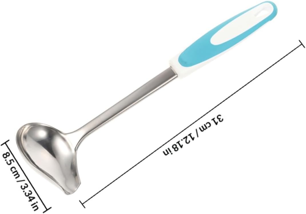 2pcs Stainless Steel Cooking Oil Spoon with Anti-slip Curved Spout, Polished Gravy Ladle for Kitchen Sauce Serving in Purple and Blue