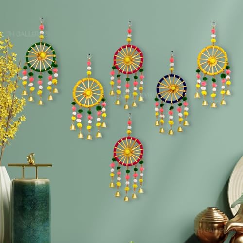 Image of Bindian Pom Pom Ring Bell Chakri Hanging for Home Decor, Pack of 5 Wall Hanging Decoration for Living Room, Backdrop Decoration Items for Ganpati, Navratri, Diwali Festival & Pooja Room Decor