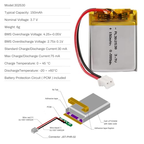 AKZYTUE 3.7V 150mAh 302530 LiPo Battery Pack,Lithium Polymer Rechargeable Battery with JST PH2.0mm Connector & Wire, Replacement for Bluetooth Speaker, Wireless Devices - Thumbnail 4