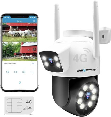 GENBOLT 3G/4G LTE Telecamera Esterno con SIM, Videocamera Sorveglianza a Doppio Obiettivo Senza WiFi, 24/7 Continua Registrazione, Tracciamento Automatico, Visione Notturna IP66 【DC&POE】