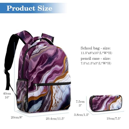 Cartable marbre violet ensemble 2 pièces avec trousse pour la rentrée scolaire des filles et ados