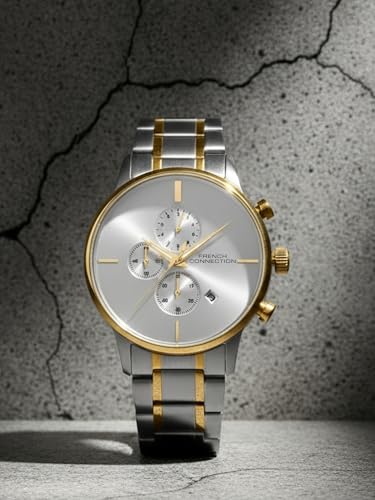 Image of French Connection Silver Embossed Round Dial | Gold Stainless Steel Mesh Strap Chronograph Watch for Mens FCO5TM