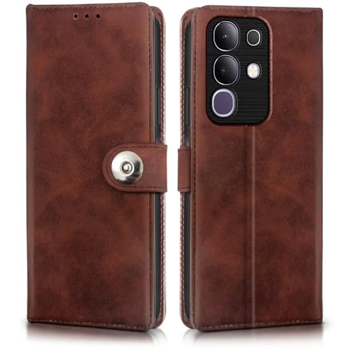 Image of WOW IMAGINE Shock Proof Flip Cover Back Case for Vivo T4x 5G | iQoo Z10x 5G | Vivo Y31 Pro 5G (Magnetic Button Flip Case | Wallet Pockets & Stand | Leather Finish | Coffee)