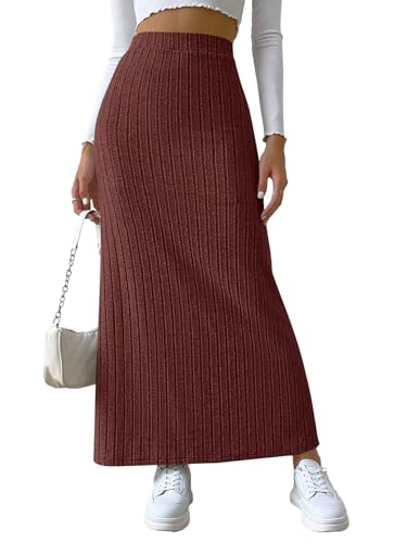 Rooscier Women's Side Slit Ribbed Knit Bodycon High Waisted Casual Long Skirts4