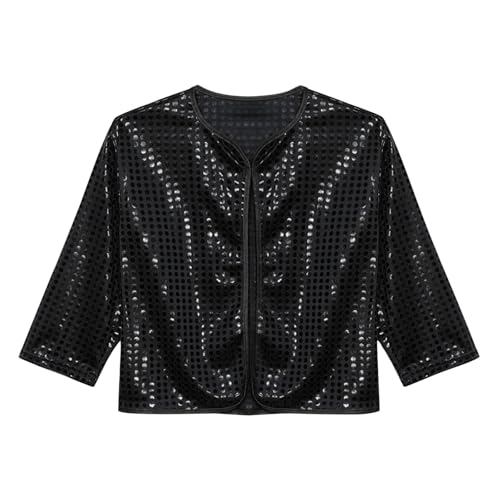 Chaqueta de lentejuelas brillantes para niñas, chaqueta bomber para adolescentes, chaqueta brillante de media manga, chaqueta negra con purpurina, chaquetas de cuello redondo, tops de lentejuelas