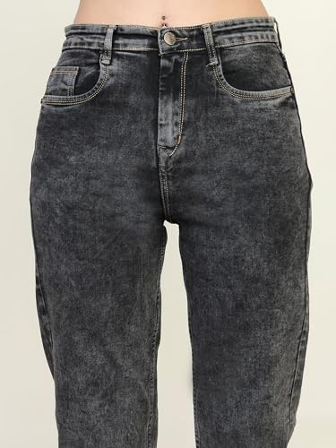 Image of Zayla Women's Mom Fit Cloud Wash Jeans I Full-Length Denim Stretchable High Waist Pant with Curved Pocket I Clean Solid Loose Fit Pants I for Everyday Office Party Girls