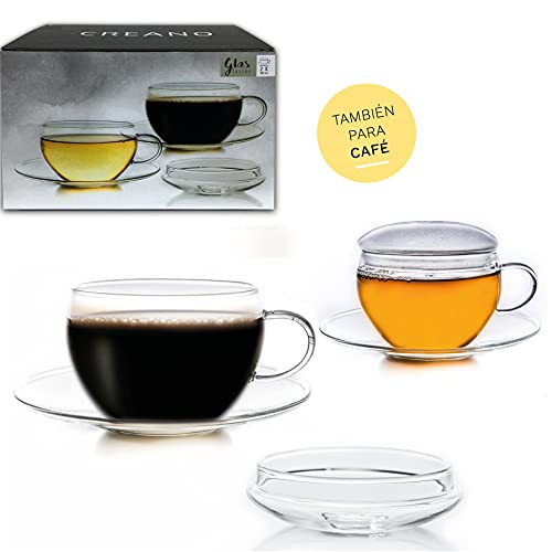 Creano Conjunto de 2 Taza de Vidrio con Platillo y Tapa, Práctica para los Tés de Floración, ExqusiTea, Capuchino, Latte… - Imagen 6