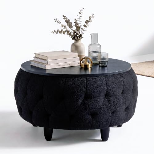 gusohey Large Round Storage Ottoman Coffee Table with Wooden Tabletop, 32 Inches Teddy Fleece Tufted Ottoman for Living Room, Bedroom, Apartments (Black)
