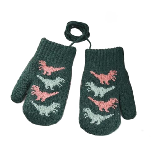 Image of iNszkoos Toddler Fleece Lined Dino Winter Mittens with String 1-3 Years Baby Boys Girls Soft Winter Wool Knit Mitten Kids Cold Weather Insulated Warm Gloves