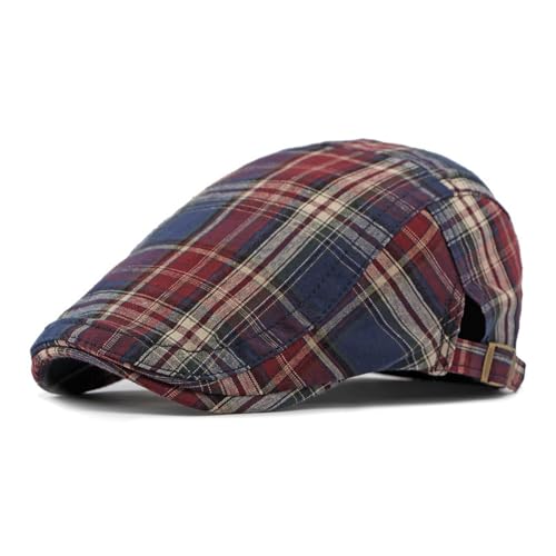 Beret homme Casquette Souples Beret Plate Cotton Reglable Vintage Newsboy Cap Ivy Irish Flat Cabbie Cap visière Printemps-été (Écossais rouge rétro)