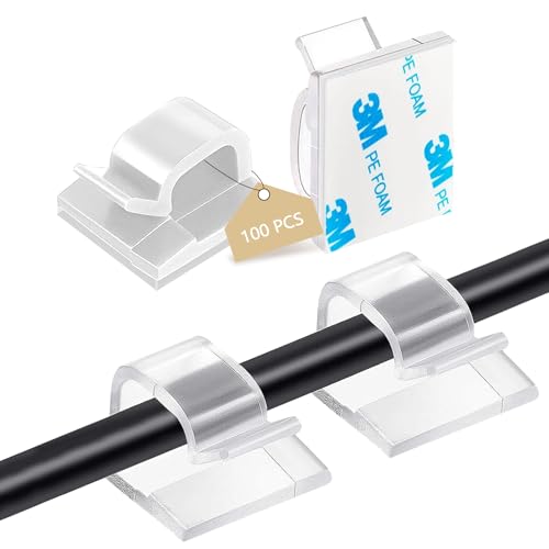 Abnii 100 Stück Kabelhalter Selbstklebend, Kabelclips Schreibtisch für Kabelklemmen Kabelbefestigung Kabelführung Organizer Haken Draht Halter für Kabelmanagement Lichterkette, Groß